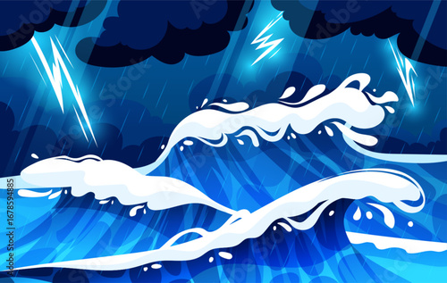 Storm sea. Ocean wave cartoon. Water splash. Rain and lightning in sky. Weather flood background. Nautical stream. Big spray effect. Night thunderstorm flash. Stormy backdrop. Vector marine garish art
