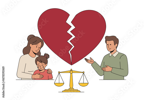 Vector illustration of a broken heart above a family conflict with a sad mother, child, and angry father, symbolizing divorce, custody battles, emotional stress, and family separation