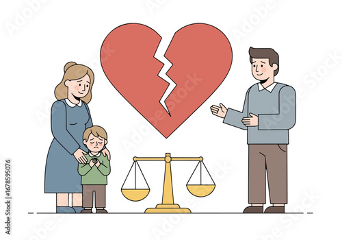 Vector illustration of a broken heart above a family conflict with a sad mother, child, and angry father, symbolizing divorce, custody battles, emotional stress, and family separation