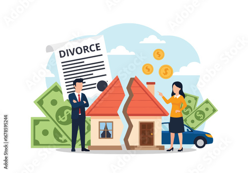 Vector illustration of a couple dividing property and assets during divorce, showing a split house, money, and car, symbolizing financial settlement, legal separation, and property division disputes