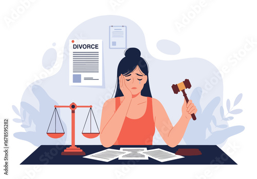 Illustration of a sad woman crying over divorce papers with a gavel and justice scale, symbolizing emotional stress, legal separation, and the challenges of broken relationships