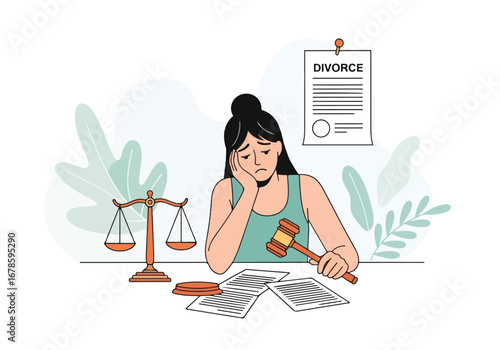 Illustration of a sad woman crying over divorce papers with a gavel and justice scale, symbolizing emotional stress, legal separation, and the challenges of broken relationships