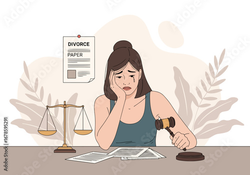 Illustration of a sad woman crying over divorce papers with a gavel and justice scale, symbolizing emotional stress, legal separation, and the challenges of broken relationships
