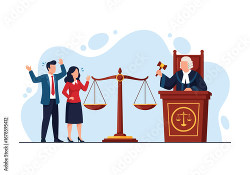 Vector illustration of a judge holding a gavel with a couple arguing beside scales of justice, symbolizing divorce trial, legal dispute, conflict resolution, and fairness in court decisions