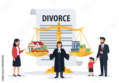 Vector illustration of a judge balancing assets, money, and family during divorce proceedings, symbolizing property division, custody battles, and financial settlement in legal separation cases
