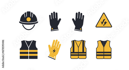 Safety Equipment Icons: Hard Hat Gloves Vest Warning Sign.