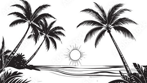 Sunset Beach Vector Art with Palm Trees, Coastal Silhouette, Tropical Scene, Seaside Relaxation, Black and White Design, Elegant, Exotic, Graphic Illustration, Island Paradise, Beautiful Seascape, Nat
