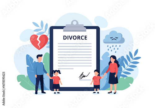 Vector illustration of a family facing divorce with parents arguing and a child standing between them, symbolizing separation, custody conflict, and emotional impact of broken relationships