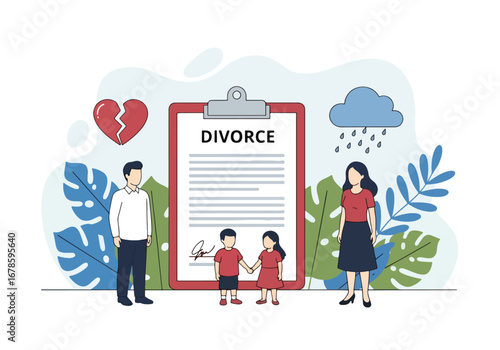 Vector illustration of a family facing divorce with parents arguing and a child standing between them, symbolizing separation, custody conflict, and emotional impact of broken relationships