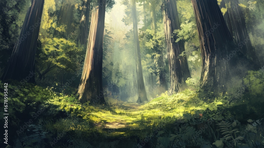 Obraz premium Sunlight filtering through trees on a serene forest path