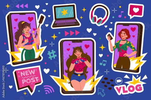 Girl blogger. Doodle phone playlist. Cartoon laptop. Digital business woman. Cute social media post. Technology internet influencer. Content creator. Influencer selfie photo. Vector tidy icons set