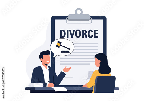 Vector illustration of a lawyer consulting a client about divorce paperwork, symbolizing legal advice, family law, relationship separation, and professional support in court proceedings