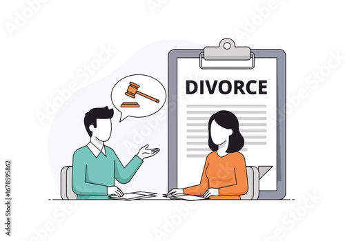Vector illustration of a lawyer consulting a client about divorce paperwork, symbolizing legal advice, family law, relationship separation, and professional support in court proceedings