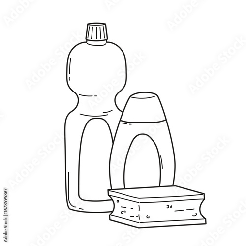 Cleaning tools - bottles with household chemicals and sponge. Doodle vector illustration isolated on white background