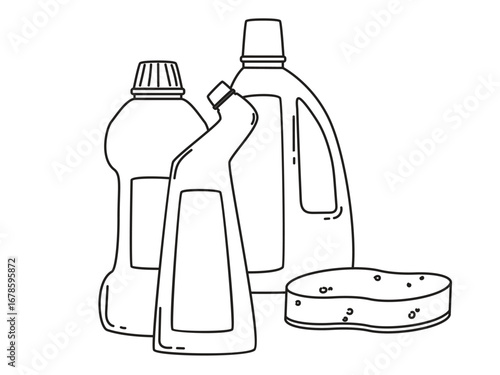 Cleaning tools - bottles with household chemicals and sponge. Doodle vector illustration isolated on white background