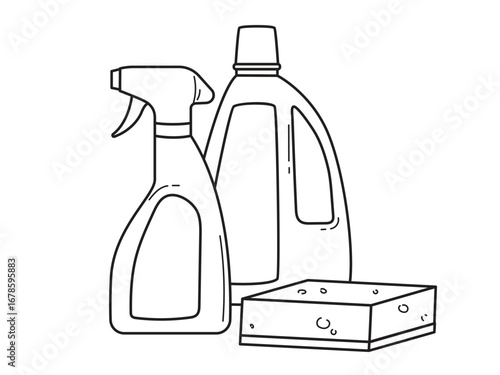 Cleaning tools - bottles with household chemicals and sponge. Doodle vector illustration isolated on white background