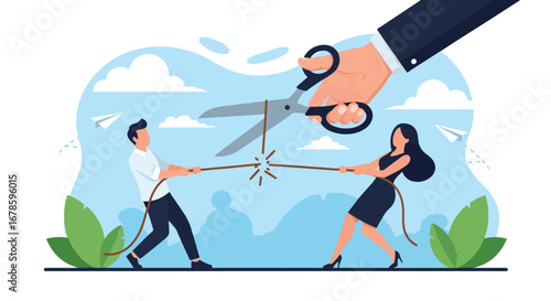 Vector art of a man and woman in a tug of war being cut by giant scissors, symbolizing conflict resolution, competition, and breaking ties in business or personal relationships