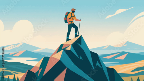 Illustration of Adventurer Standing on a Mountain Peak Design Template with Landscape Background