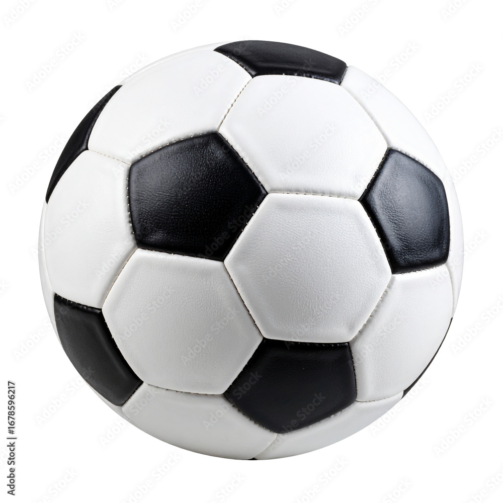 Naklejka premium A classic black-and-white soccer ball is isolated against a white background, perfect for sports equipment illustrations