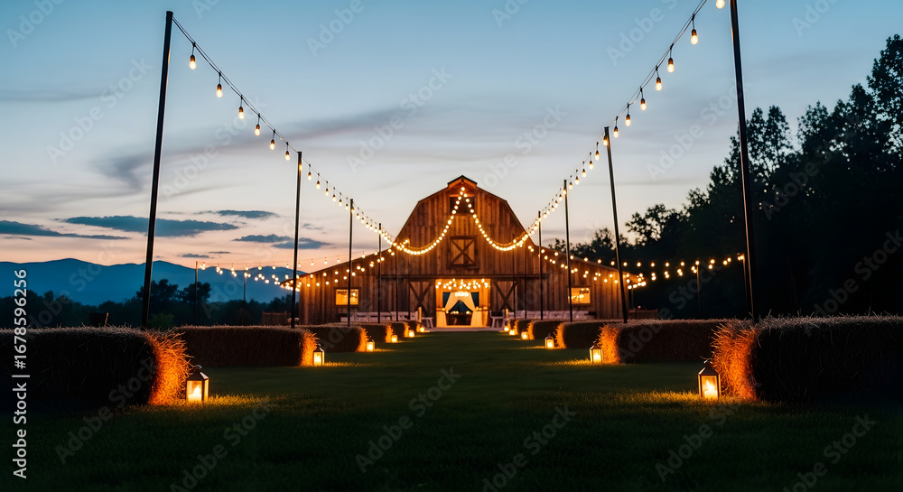 Fototapeta premium Beautifully lit barn venue at dusk with string lights and lanterns