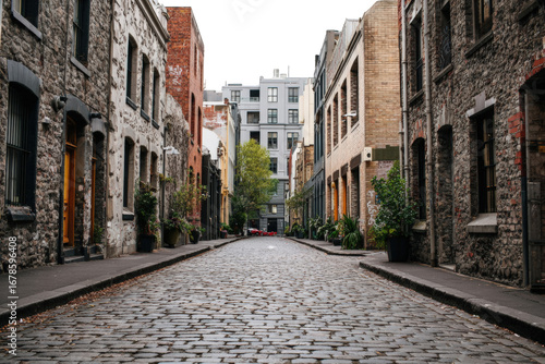 Cobblestone alleyway between old stone buildings