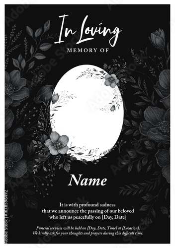 In loving memory template with floral frame, wreath, and elegant typography for funeral or memorial announcement