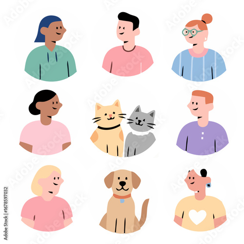 Vector art of collection of diverse people and pets avatar