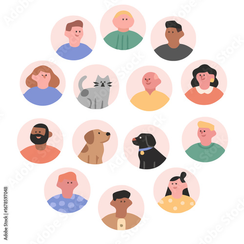 Vector art of collection of diverse people and pets avatars