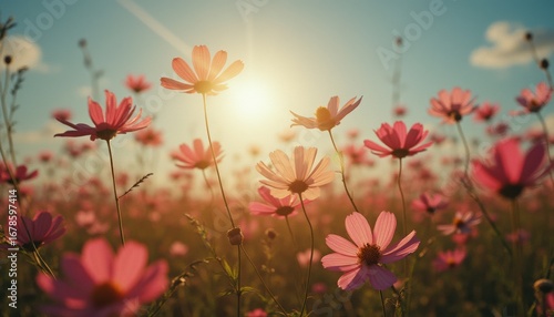 Wallpaper Mural Field of cosmos flowers swaying gently at sunset Torontodigital.ca
