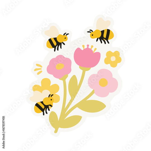 Vector art of bees flying around flowers on sticker