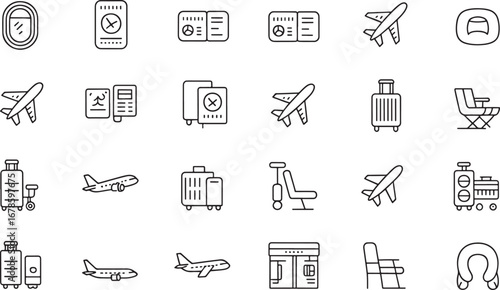 Air Travel and Transportation Icons Collection Line Art airplane airport
