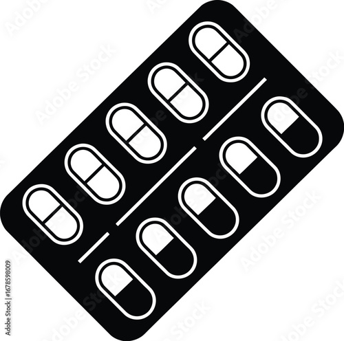 Black blister pack with white capsules medicine pills