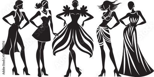 Fashion Silhouette Vector with Stylish Women, Elegant Dress Designs, Trendy Outfits, Fashionable Figures, Chic Look, Model Poses, Style, Couture, Glamorous, Modern, Apparel, Runway, Fashion Design, Cr