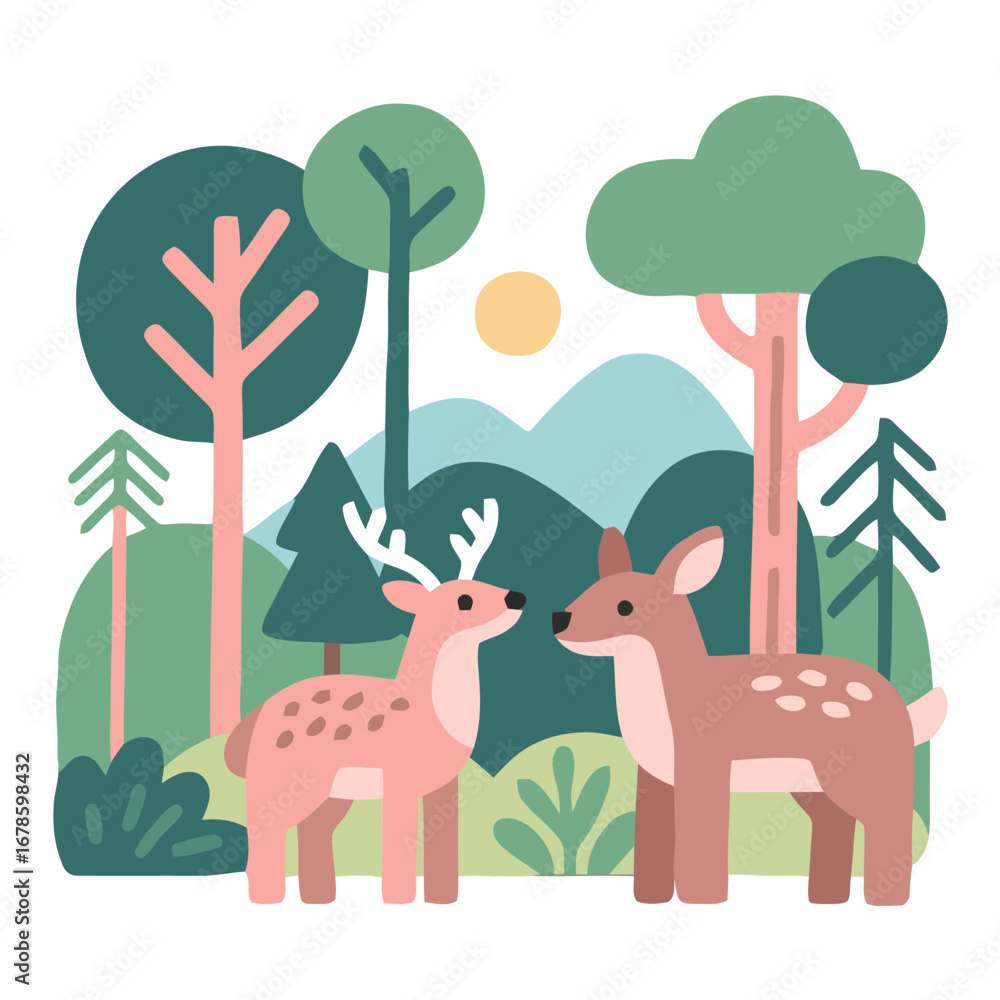 Obraz premium Vector art of two deers in the forest illustration