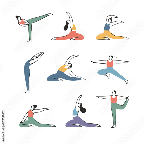 Vector art of collection of woman doing yoga poses and stretching