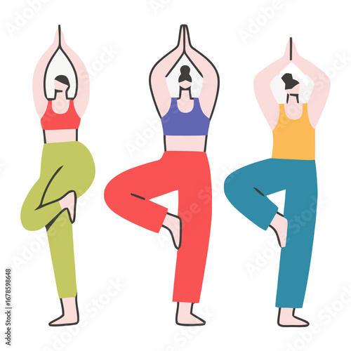 Vector art of group of women doing tree yoga pose