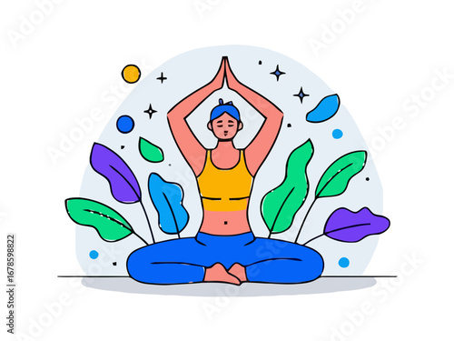 Vector art of woman in lotus position meditating with plants