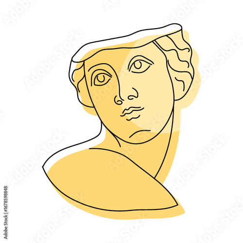 Athens statue. Greek bust. Ancient woman face. Marble broken sculpture. Female gypsum head. Venus portrait. Line drawing figure. Antique Greece culture and history. Vector art isolated outline element
