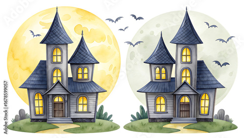 Two spooky haunted houses with glowing windows and bats flying around isolated on transparent background