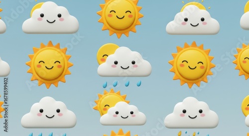 Cartoon Weather Pattern: Smiling Sun Clouds and Rain.