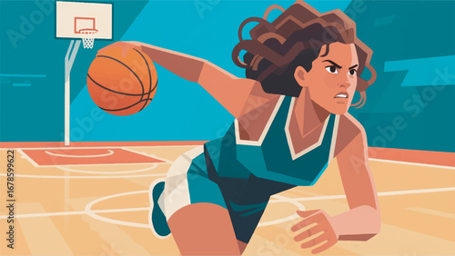 Illustration of Woman Playing Basketball Design Template with Court Background