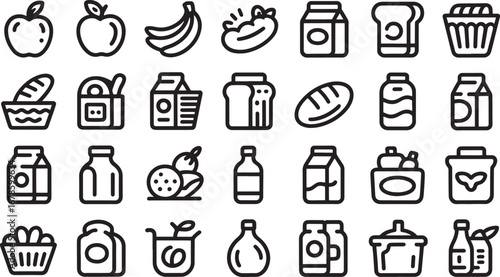 Food and drink icons fruits bread milk juice packaging grocery items vector illustration