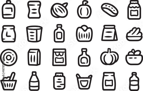 Food and drink icons grocery items bottles jars containers food basket vector illustration