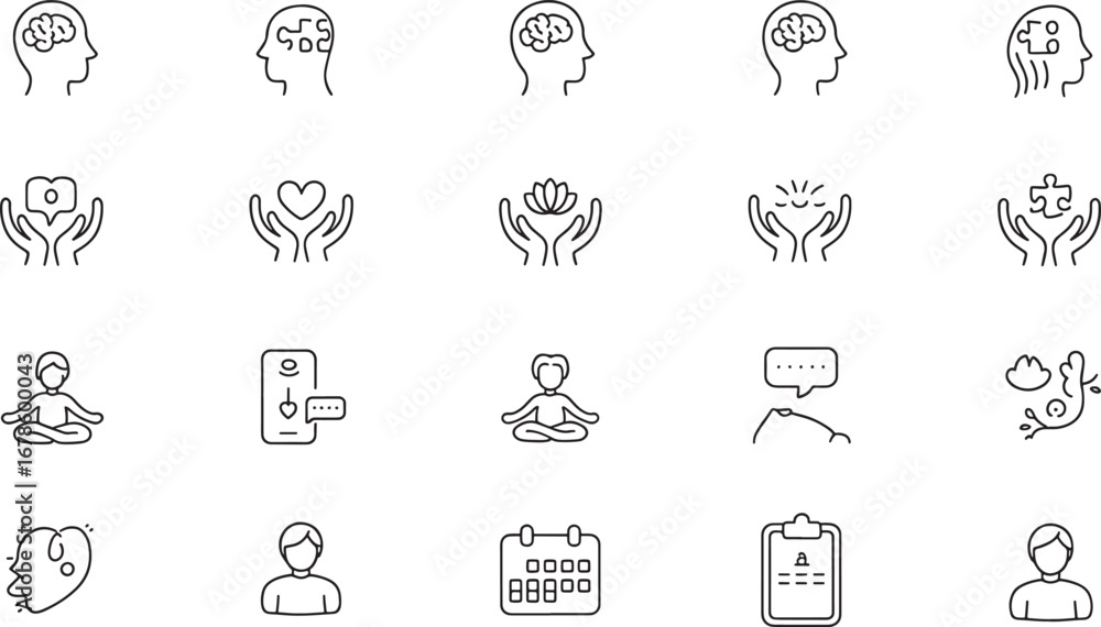 Fototapeta premium Mental Health and Wellness Icons Set on White Background vector illustration