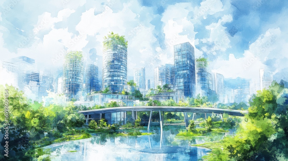 Fototapeta premium Serene cityscape with modern buildings and bridge over river