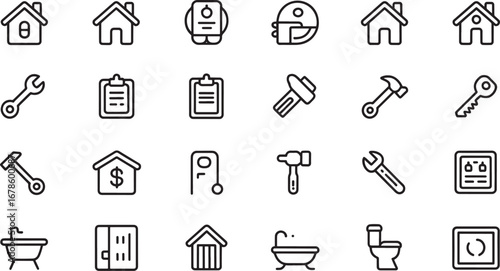 Set of Outline Icons for Home Building and Renovation Services Keywords: house, home, building, renovation