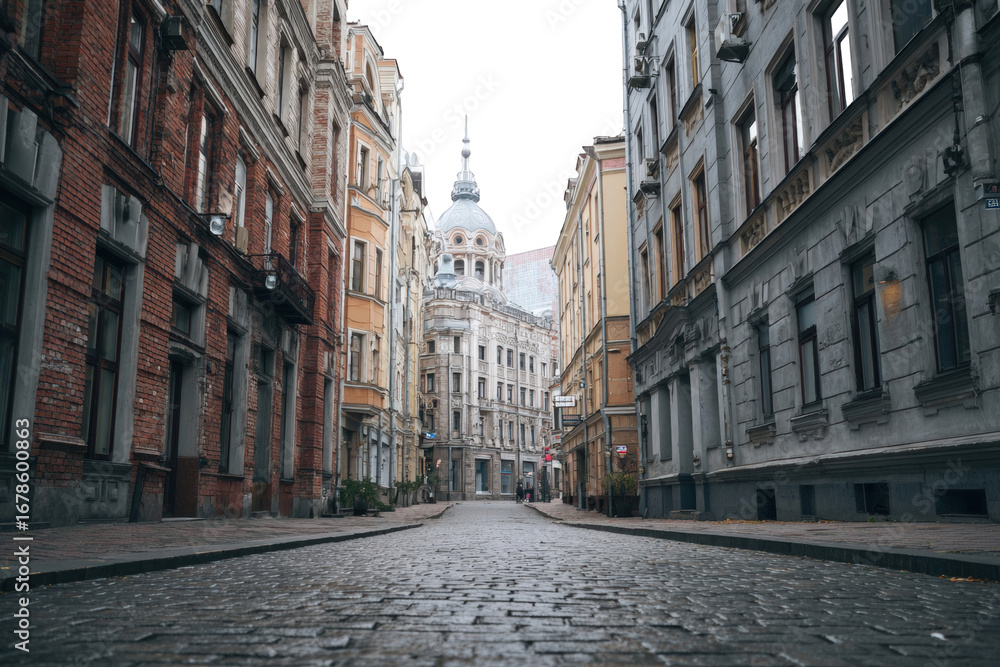 Fototapeta premium A narrow, paved city street