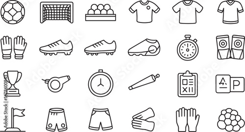 Soccer Football Gear Goal Gloves Boots Whistle and Trophy Icons soccer ball soccer goal