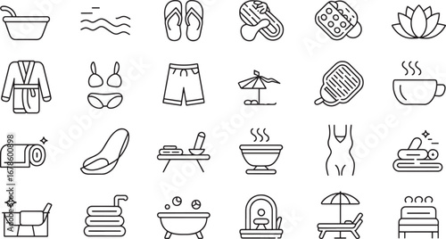 Spa and relaxation icon set with bathrobe and bathing accessories bikini shorts