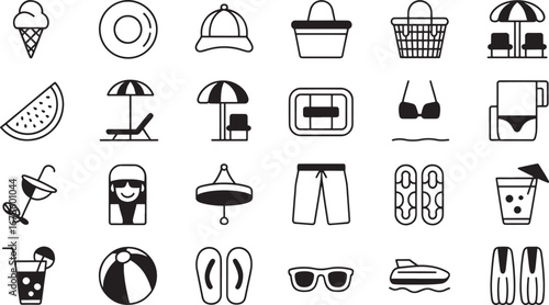 Summer beach and vacation icons with swimwear drinks and water sports